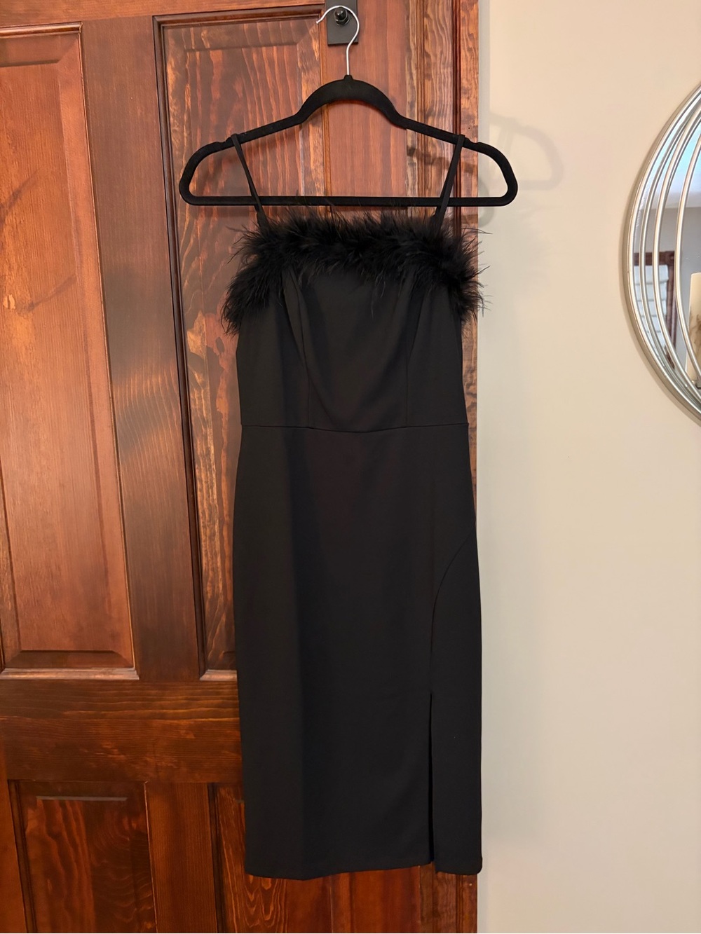 Black Feather-Trim Spaghetti Strap Dress